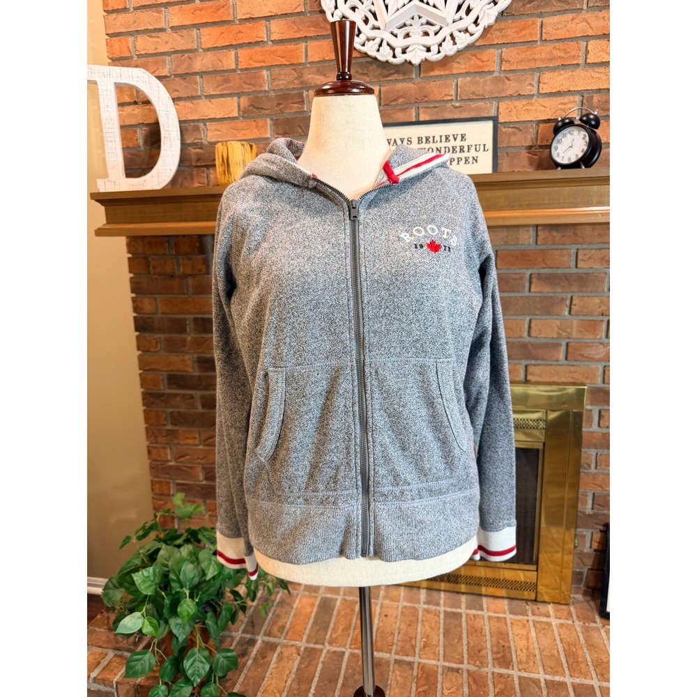 Roots Cabin Zip Hoodie Womens Grey Salt Pepper Embroidered Maple Leaf Large
